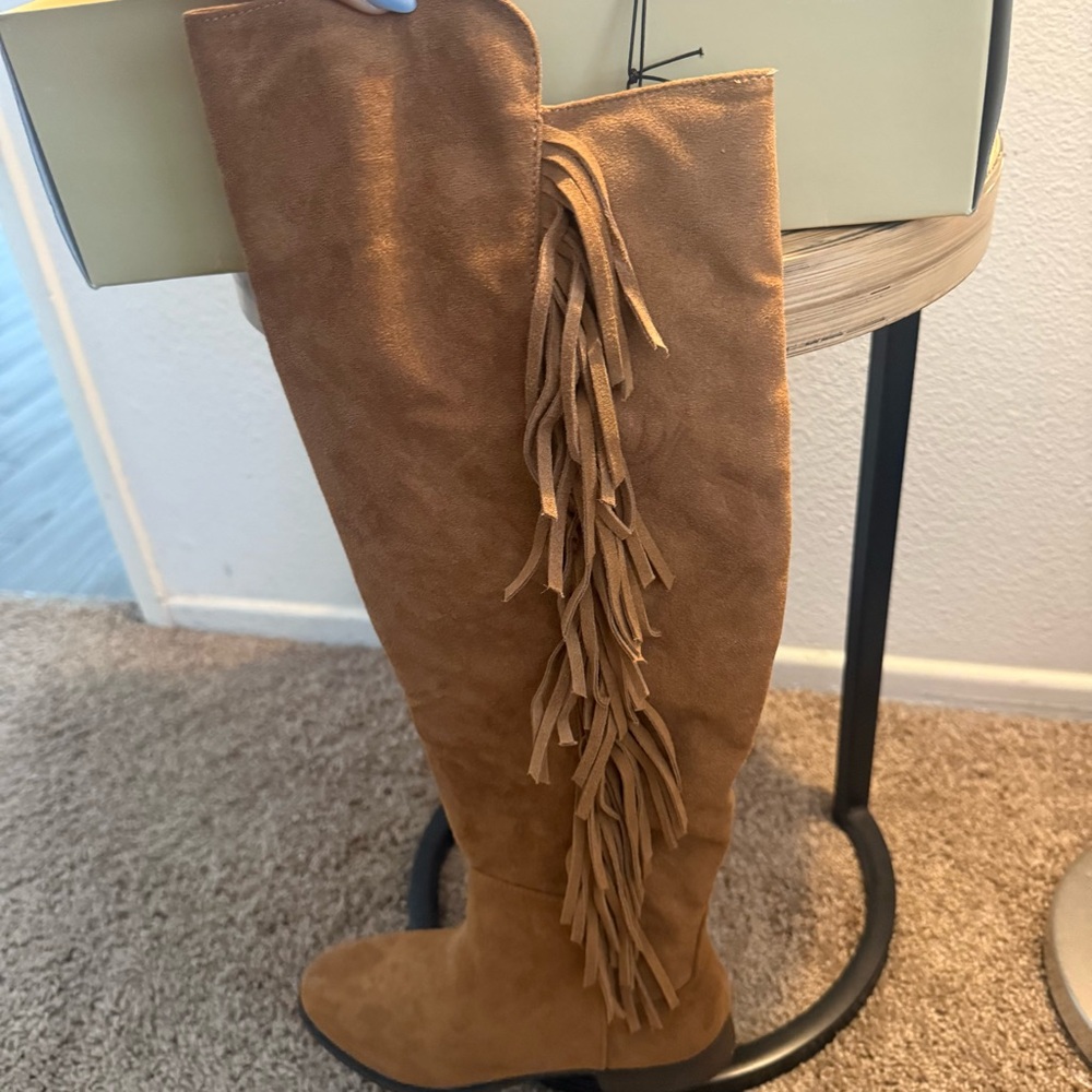 Tan Suede Fringe Knee-High Boots